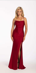 wine/size/4/missy/ Camille La Vie/Stretch Satin Drape Front Tie Back Halter Dress/ front