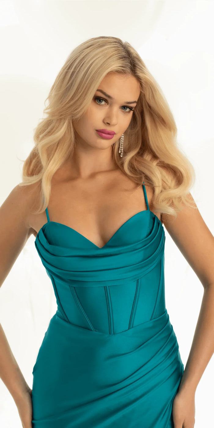teal/size/4/missy/Camille La Vie/Stretch Satin Lace Up Back Dress with Train /close up
