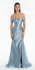slate/size/4/missy/Camille La vie/Stretch Satin Off the Shoulder Corset Trumpet Dress/front