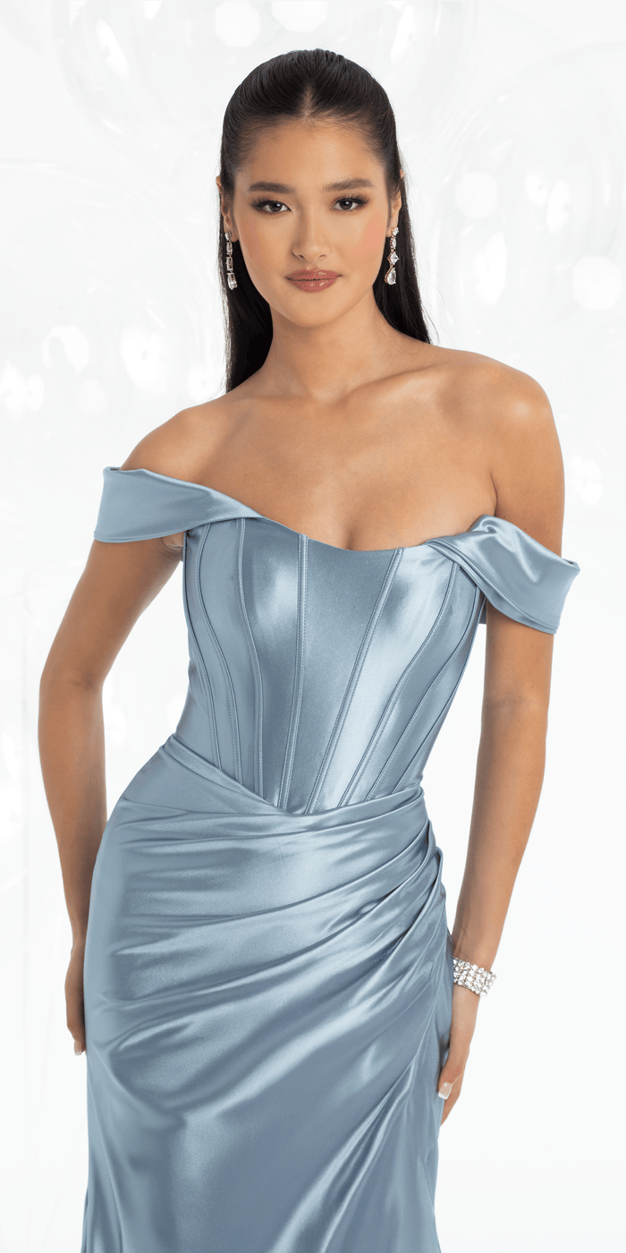 slate/size/4/missy/Camille La vie/Stretch Satin Off the Shoulder Corset Trumpet Dress/close up