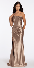 taupe/size/4/missy/Camille La Vie/Stretch Satin Strapless Corset Dress with Heat Set Stones/front alt
