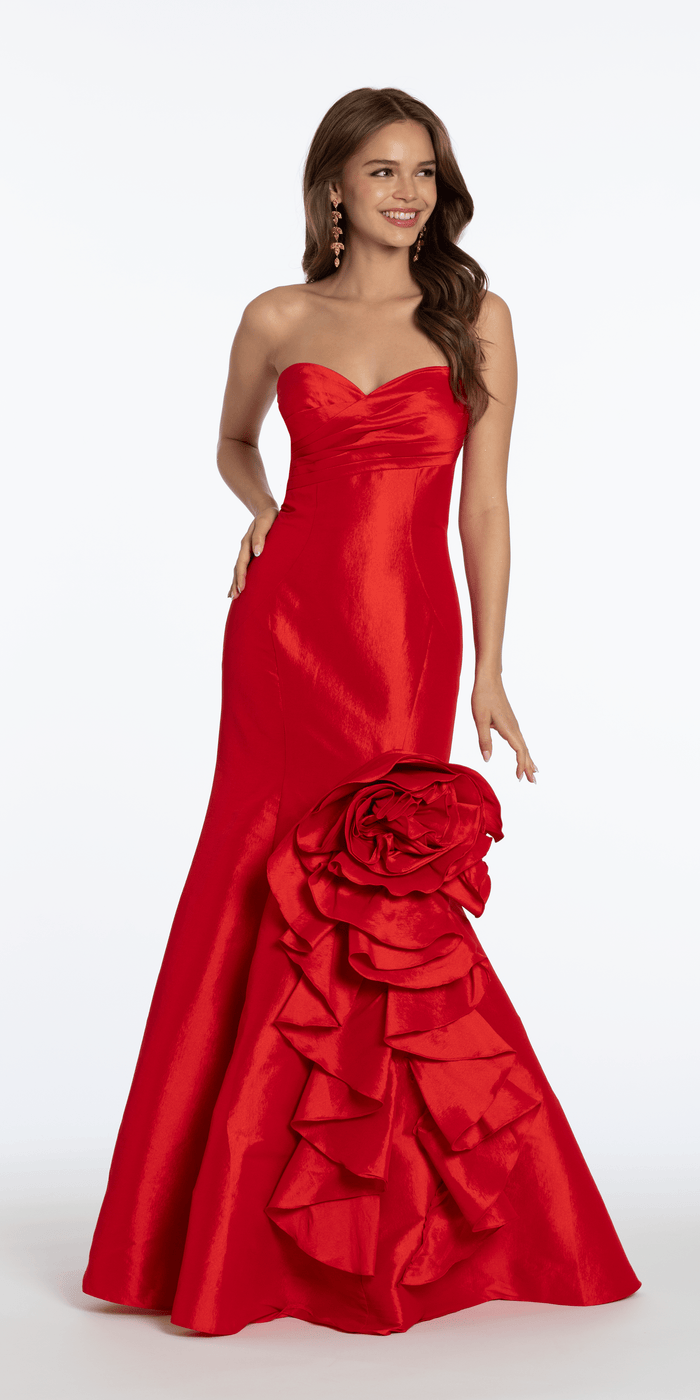 red/size/4/missy/Camille La Vie/Stretch Taffeta Mermaid Dress with Ruffle Flower Hem/front alt