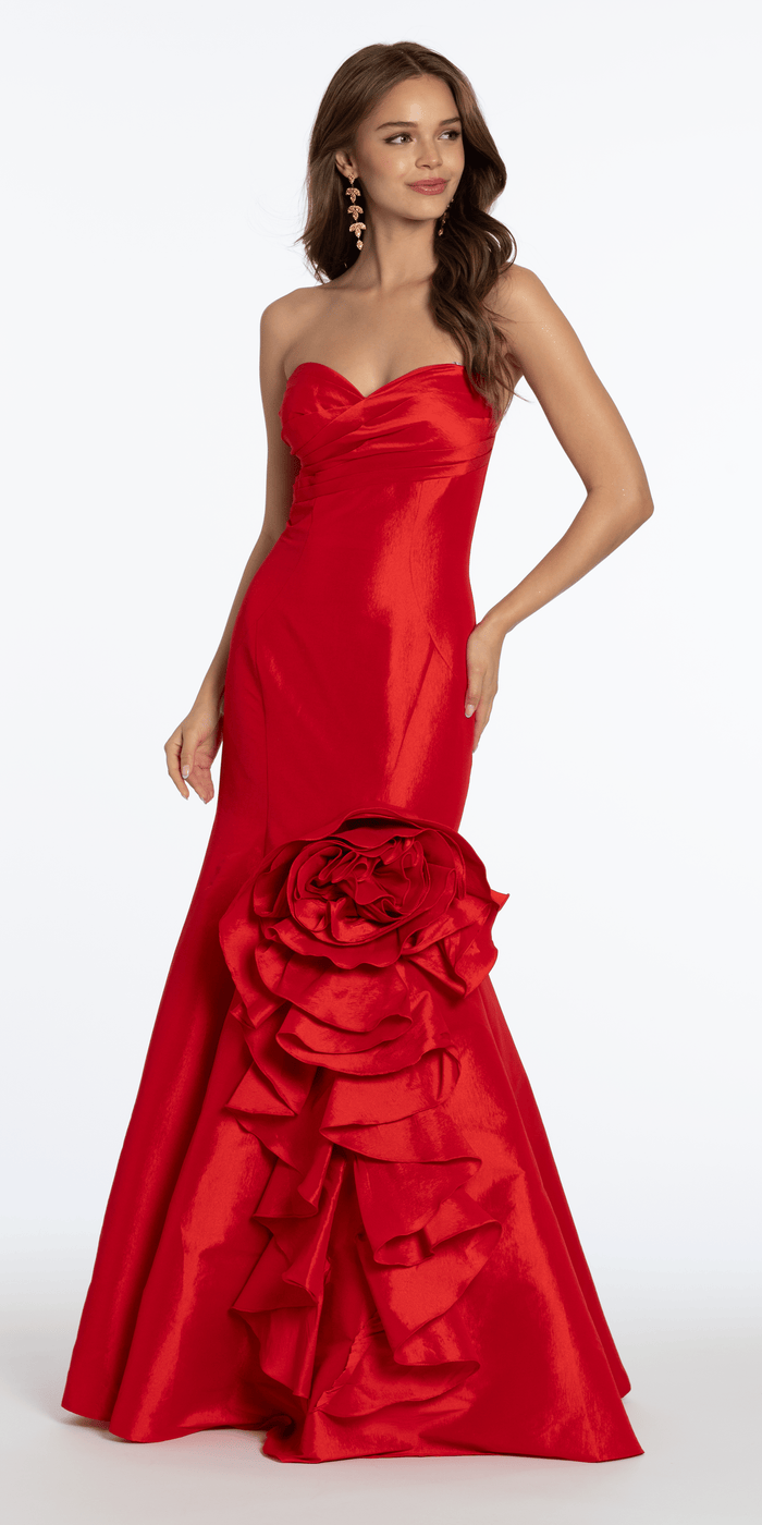 red/size/4/missy/Camille La Vie/Stretch Taffeta Mermaid Dress with Ruffle Flower Hem/front alt 1