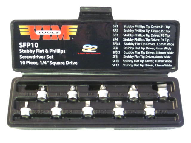 Stubby screwdriver set flat phillips 10 piece 1/4" square drive