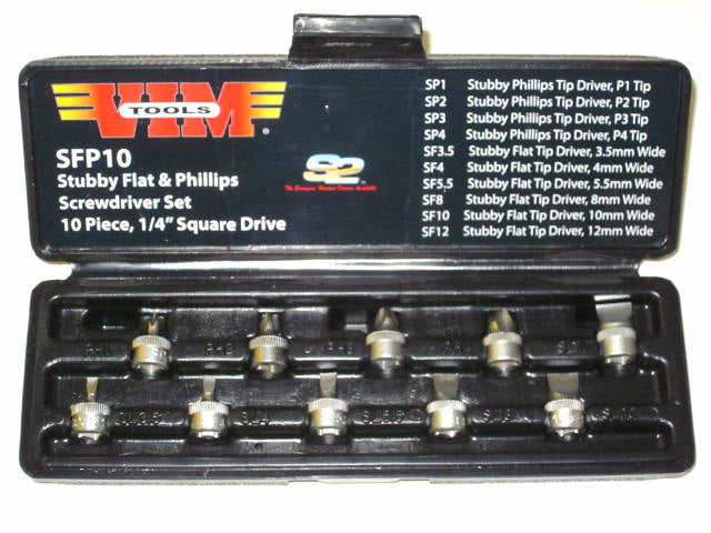 Stubby screwdriver set flat phillips 10 piece 1/4" square drive