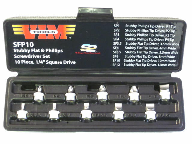 Stubby screwdriver set flat phillips 10 piece 1/4" square drive