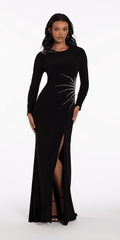 black/size/4/missy/Camille La Vie/Sunburst Beaded Jersey Long Sleeve Jewel Neck Column Dress -Camille La Vie/alt