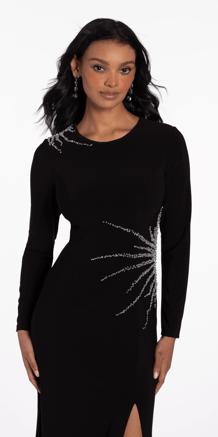 black/size/4/missy/Camille La Vie/Sunburst Beaded Jersey Long Sleeve Jewel Neck Column Dress -Camille La Vie/close up