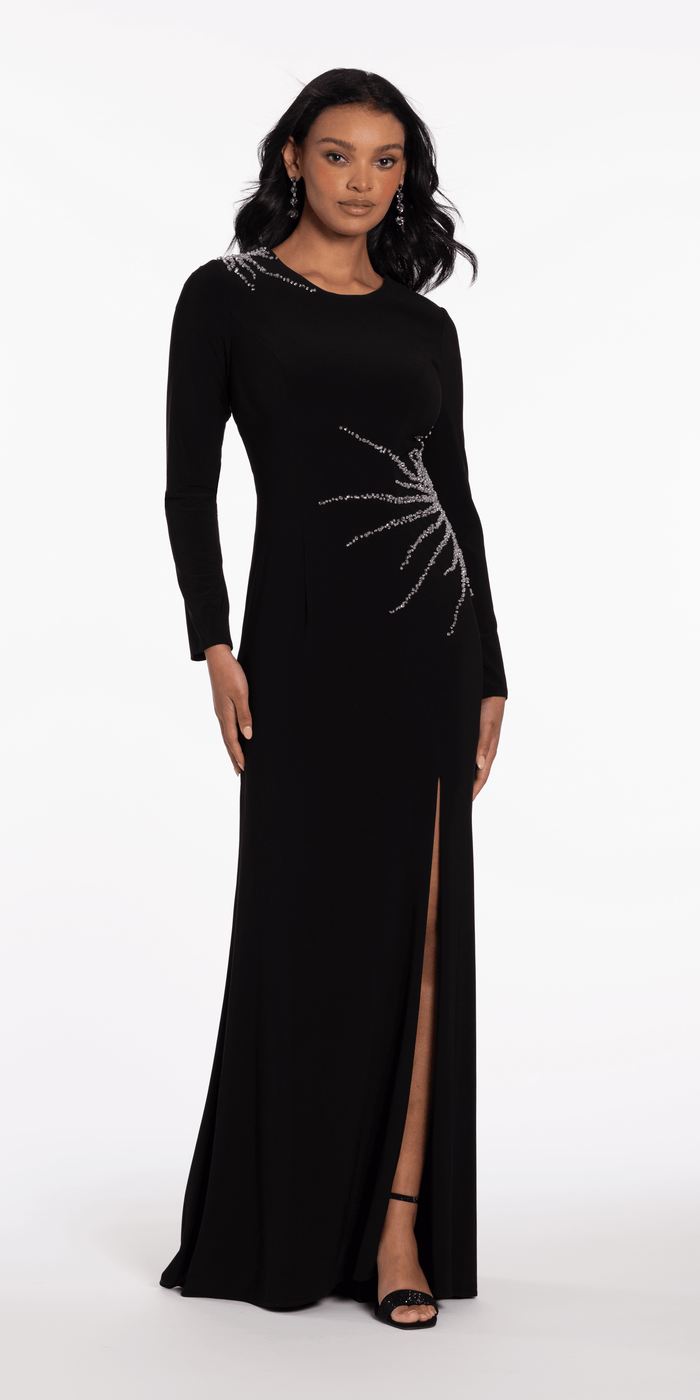 black/size/4/missy/Camille La Vie/Sunburst Beaded Jersey Long Sleeve Jewel Neck Column Dress -Camille La Vie/front