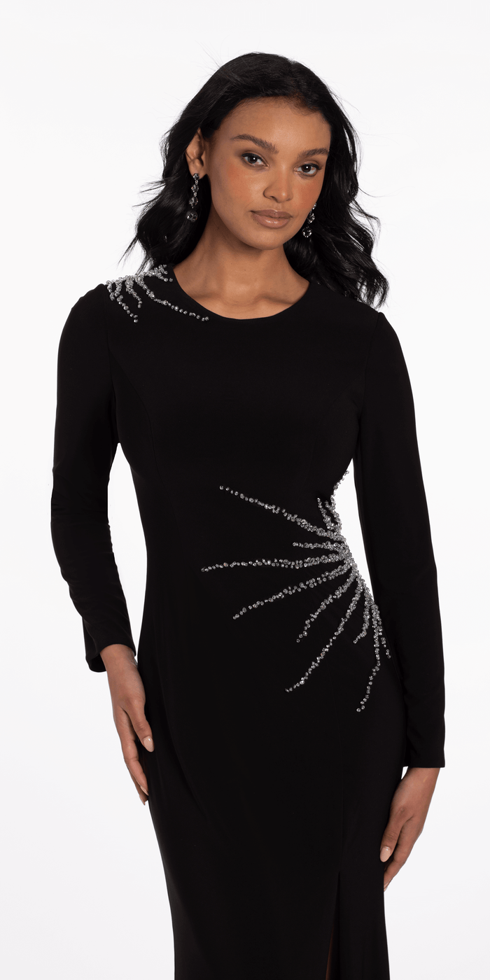 black/size/4/missy/Camille La Vie/Sunburst Beaded Jersey Long Sleeve Jewel Neck Column Dress -Camille La Vie/close up alt