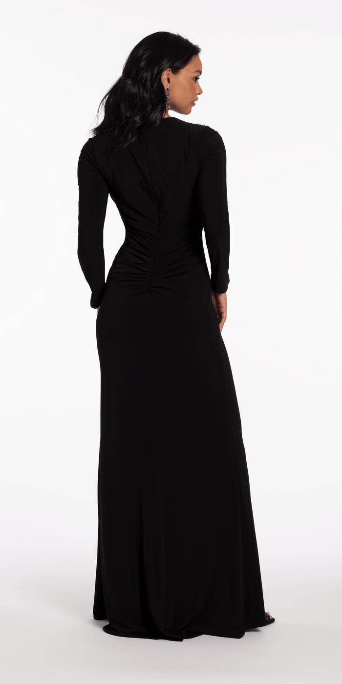 black/size/4/missy/Camille La Vie/Sunburst Beaded Jersey Long Sleeve Jewel Neck Column Dress -Camille La Vie/back
