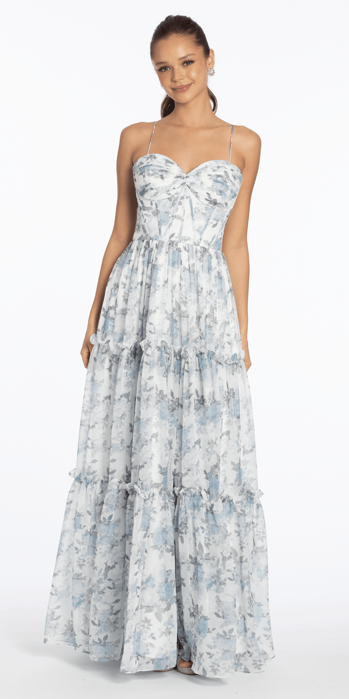 white-blue/size/4/missy/Camille La Vie/Sweetheart Chiffon Floral Print Corset Boho A Line Dress /front