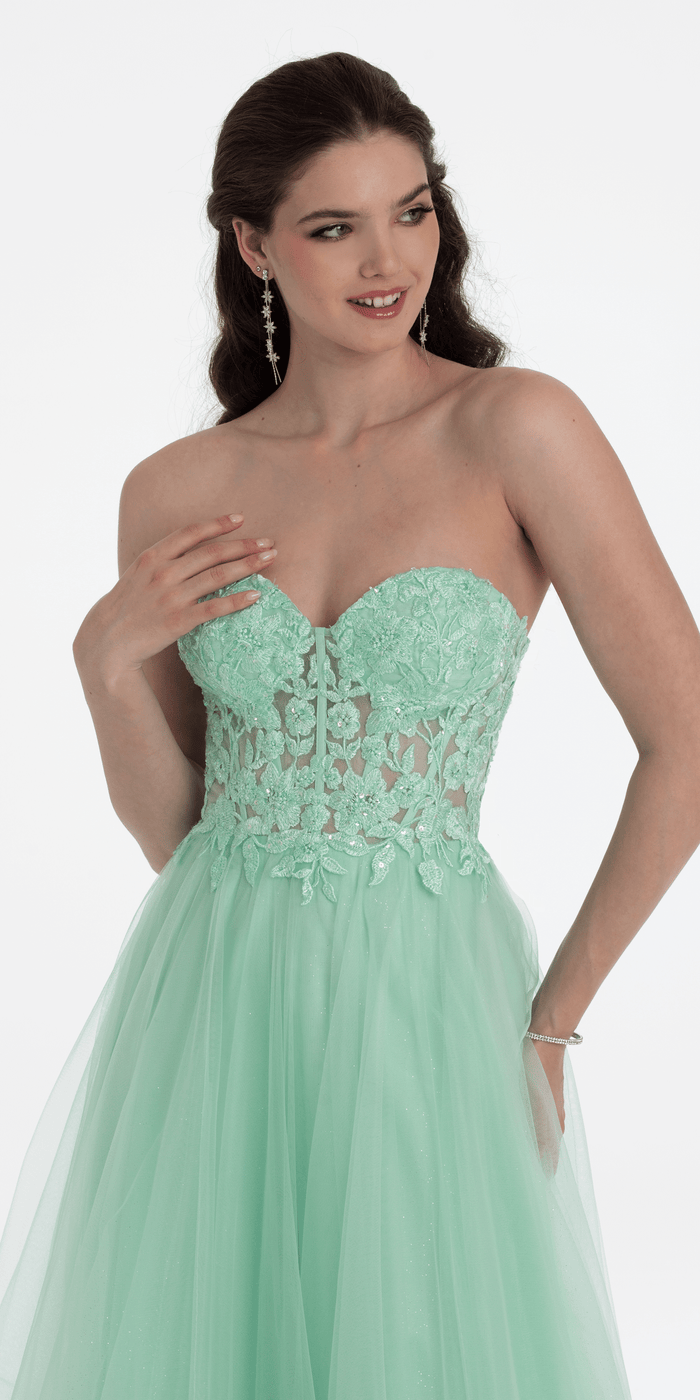Sweetheart Embroidered Corset Glitter Mesh Ballgown - Camille La Vie