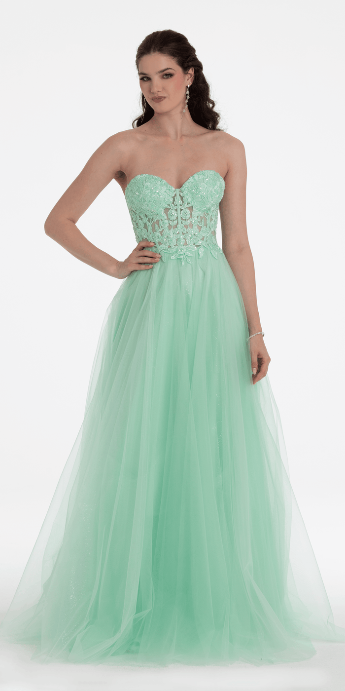 Sweetheart Embroidered Corset Glitter Mesh Ballgown - Camille La Vie