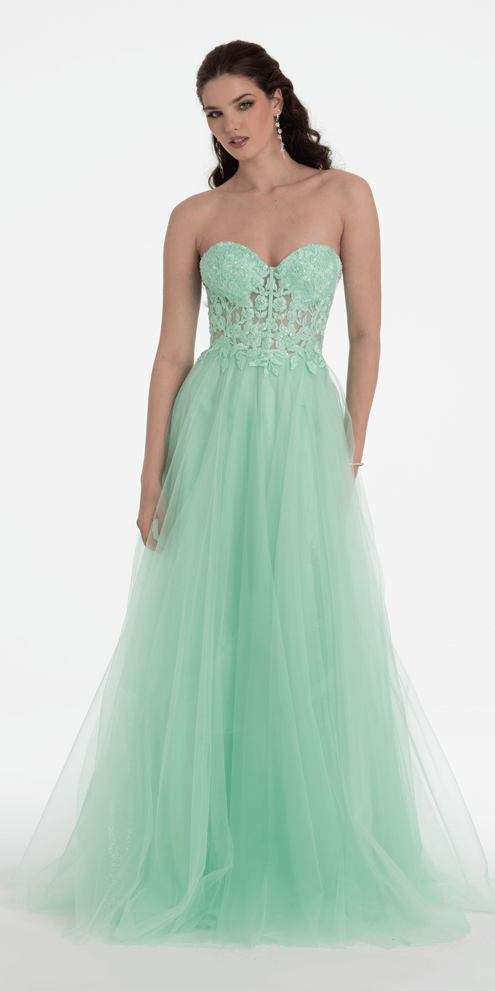 Sweetheart Embroidered Corset Glitter Mesh Ballgown - Camille La Vie
