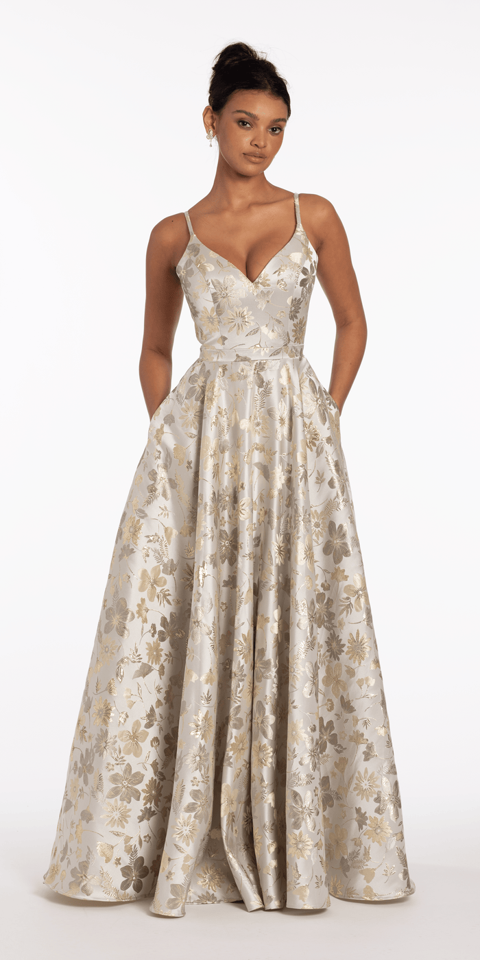 silver-gold/size/4/missy/Camille La Vie/Sweetheart Floral Jacquard A Line Lace Up Back Dress/front