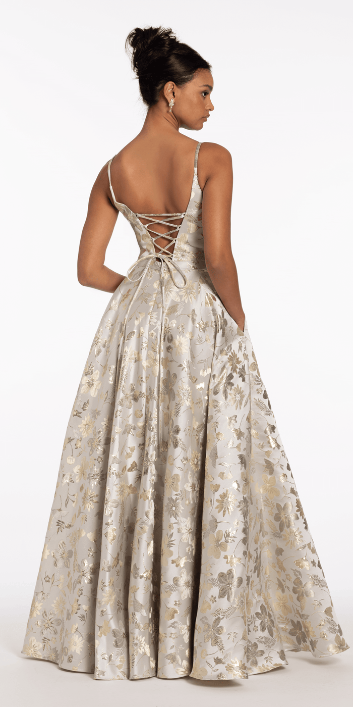 silver-gold/size/4/missy/Camille La Vie/Sweetheart Floral Jacquard A Line Lace Up Back Dress//back