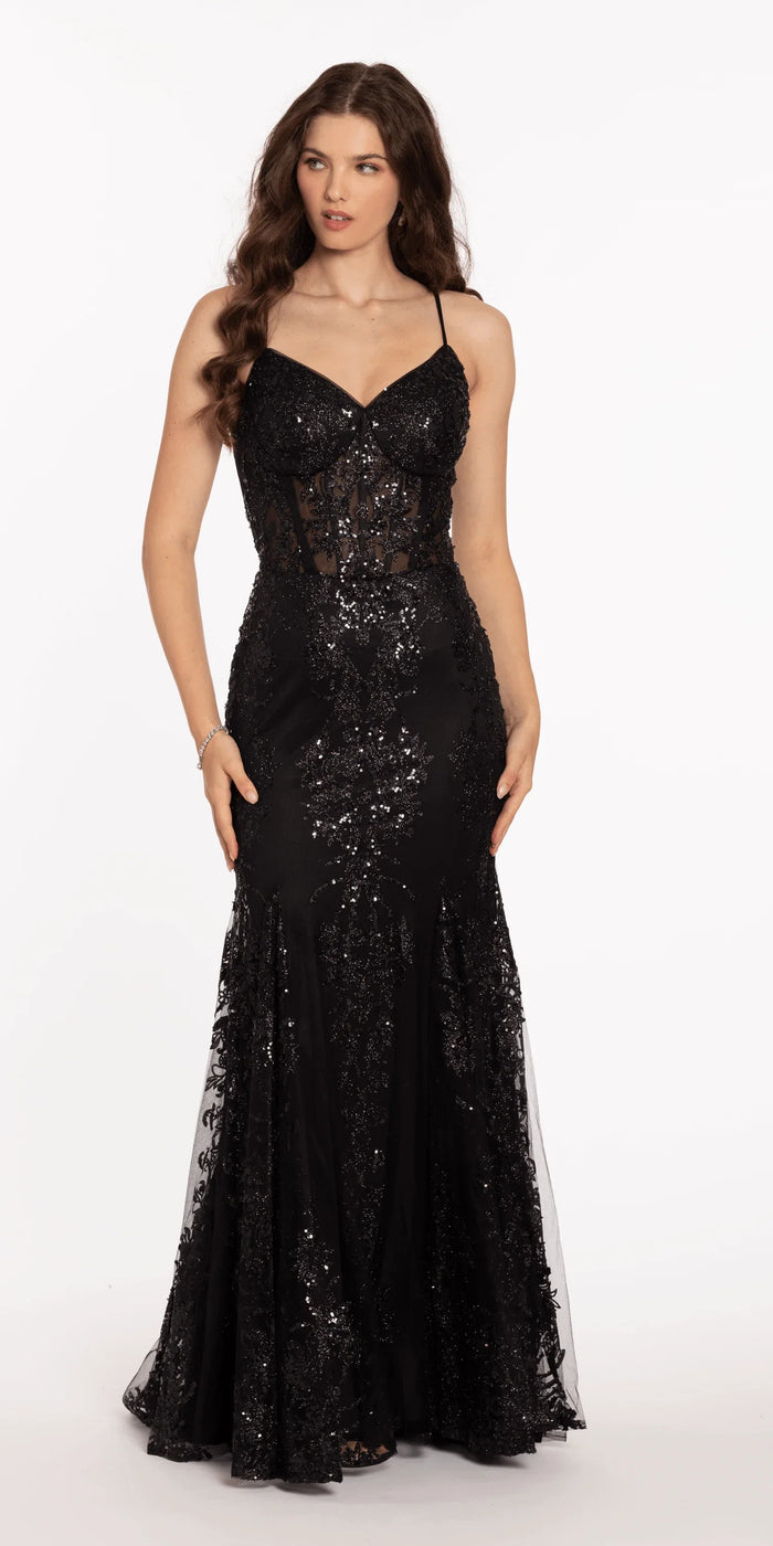 black/size/4/missy/Camille La Vie/Sweetheart Glitter Corset V Back Mermaid Dress/front