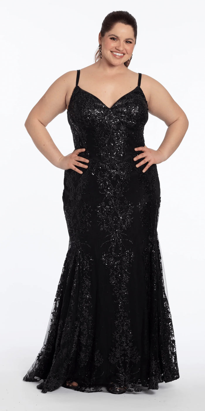 black/size/14/plus/Camille La Vie/Sweetheart Glitter Corset V Back Mermaid Dress/front alt