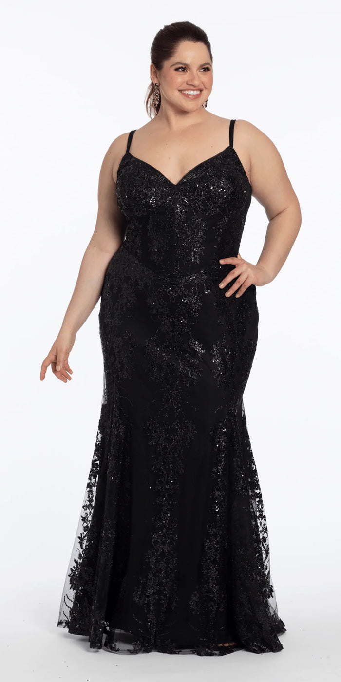 black/size/14/plus/Camille La Vie/Sweetheart Glitter Corset V Back Mermaid Dress/front alt 2
