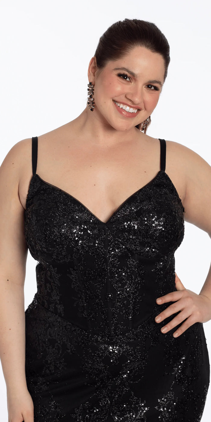 black/size/14/plus/Camille La Vie/Sweetheart Glitter Corset V Back Mermaid Dress/close up