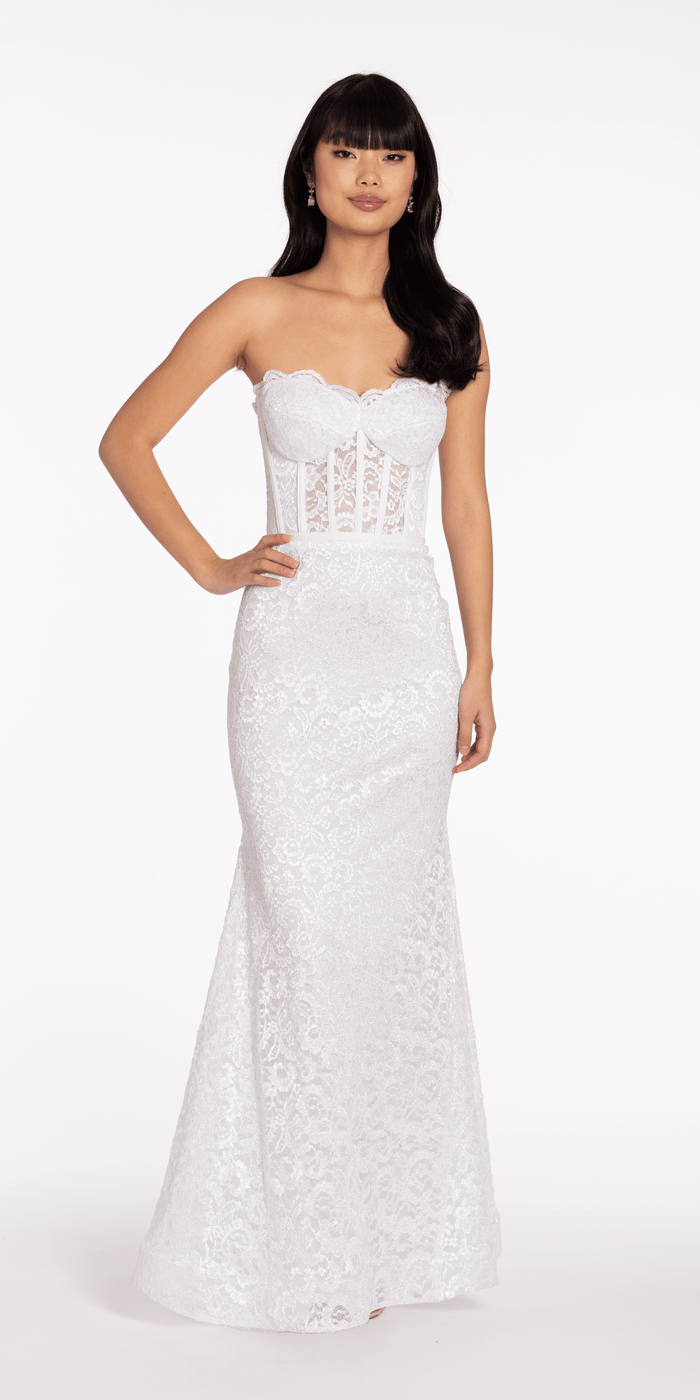 white/size/4/missy/Camille La Vie/Sweetheart Glitter Floral Lace Corset Trumpet Dress/front