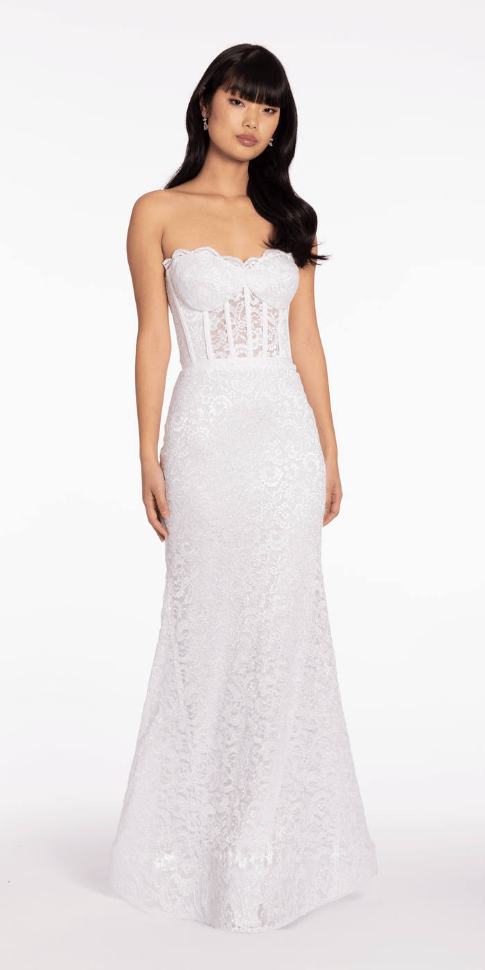 white/size/4/missy/Camille La Vie/Sweetheart Glitter Floral Lace Corset Trumpet Dress/front alt