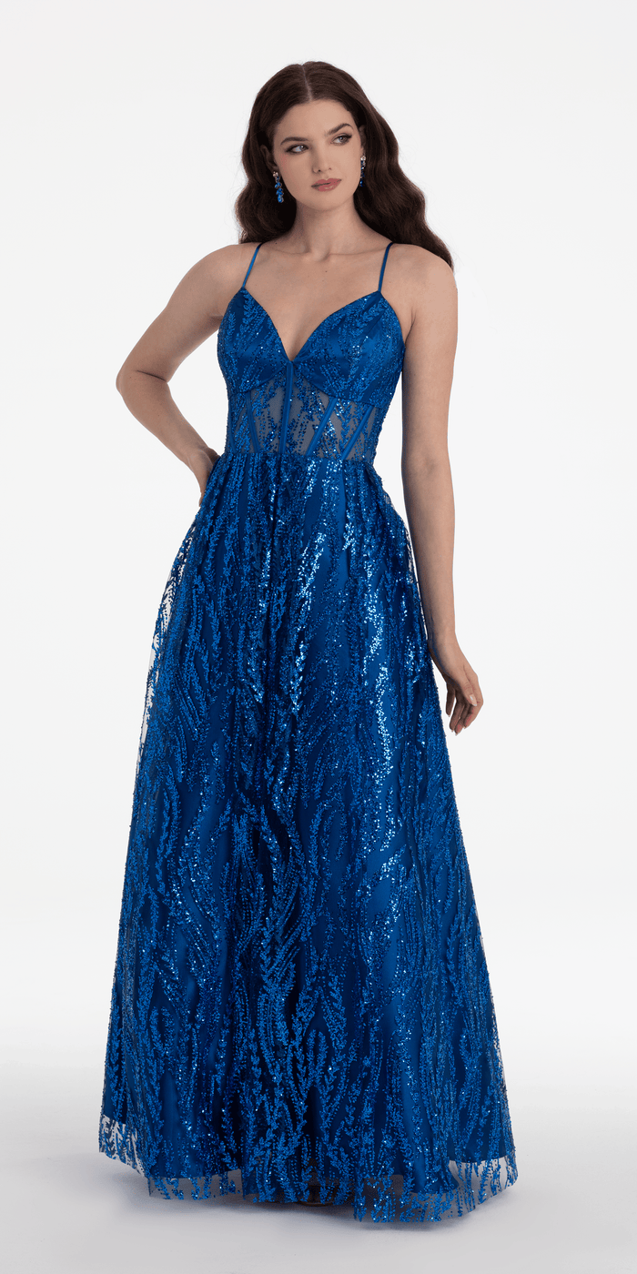 Camille La Vie Sweetheart Glitter Mesh Illusion Corset Ballgown