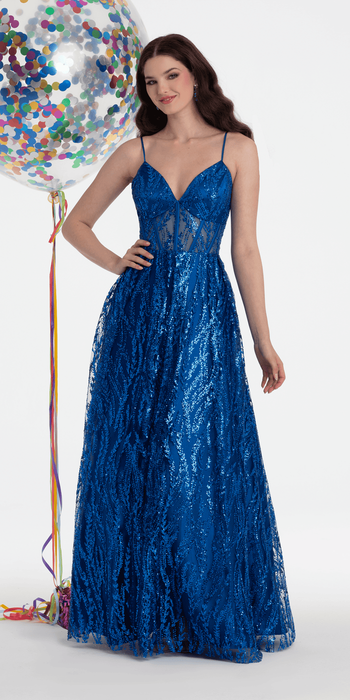 royal-blue/size/4/missy/Camille La Vie/Sweetheart Glitter Mesh Illusion Corset Ballgown/front