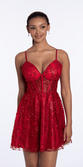 red/size/4/missy/Camille La Vie/Sweetheart Glitter Mesh Lace Up Back Skater Dress with Pockets/front alt
