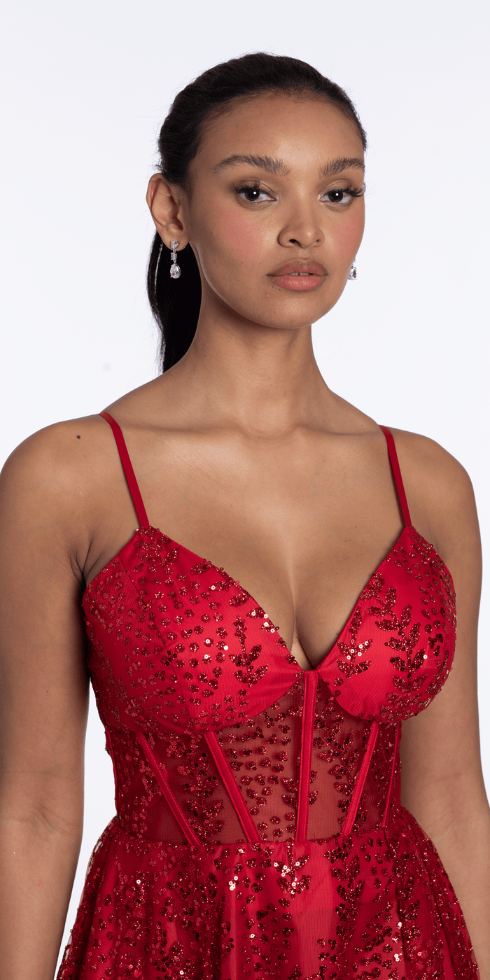 red/size/4/missy/Camille La Vie/Sweetheart Glitter Mesh Lace Up Back Skater Dress with Pockets/close up