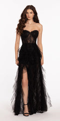 black/size/4/Camille La Vie/Sweetheart Illusion Corset Trumpet Dress with Mesh Cascades/front alt
