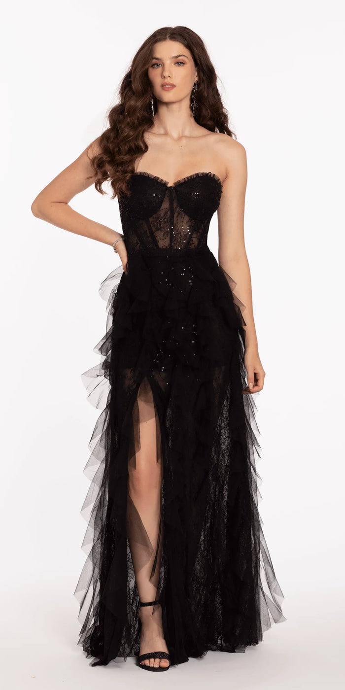black/size/4/Camille La Vie/Sweetheart Illusion Corset Trumpet Dress with Mesh Cascades/front