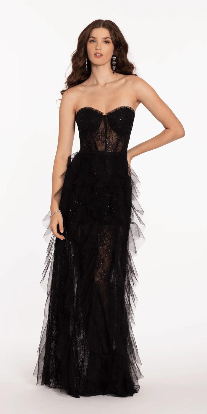 black/size/4/Camille La Vie/Sweetheart Illusion Corset Trumpet Dress with Mesh Cascades/front alt 2