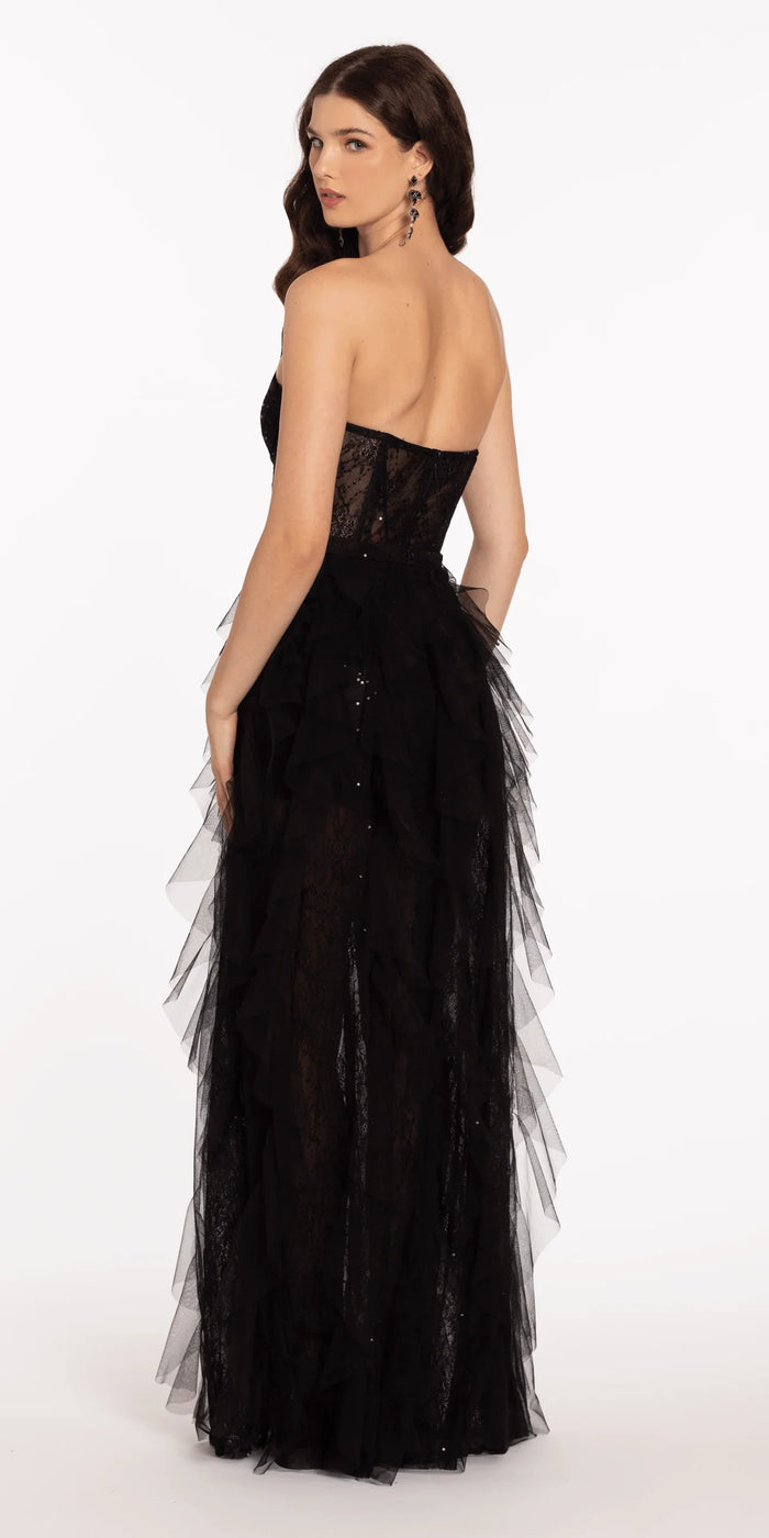 black/size/4/Camille La Vie/Sweetheart Illusion Corset Trumpet Dress with Mesh Cascades/back