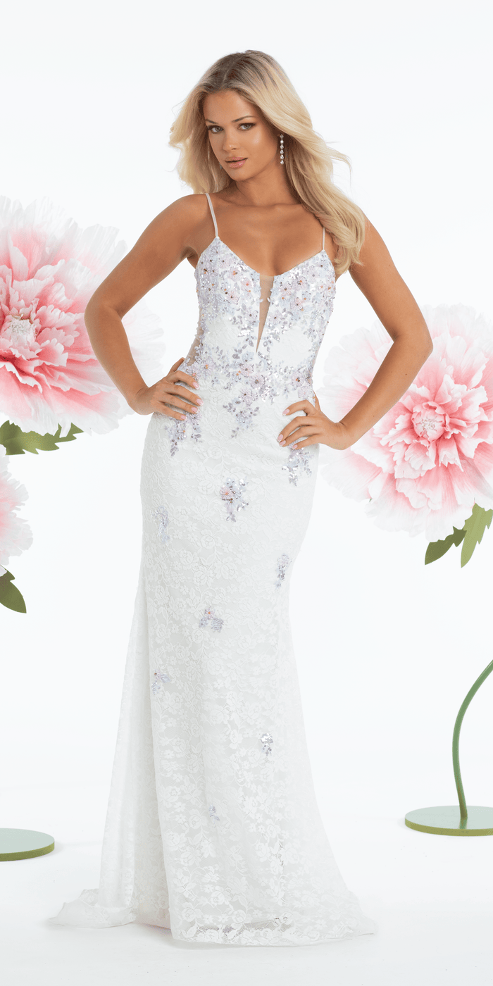 ivory/size/4/missy/Camille La Vie/Sweetheart Lace Plunge Trumpet Dress with Floral Appliques/front