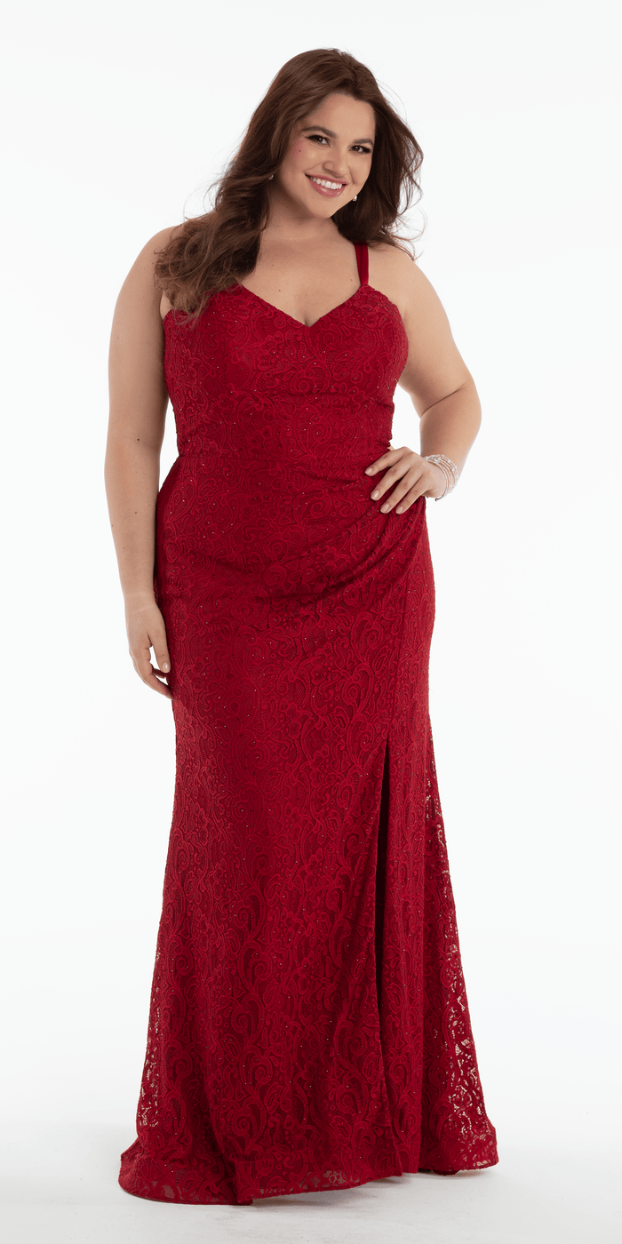 wine/size/14/plus/Camille La Vie/Sweetheart Lace Strappy Back Column Dress with Heat Set Stones /front