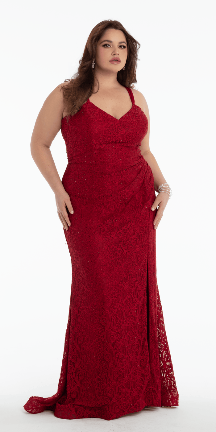 wine/size/14/plus/Camille La Vie/Sweetheart Lace Strappy Back Column Dress with Heat Set Stones /front alt
