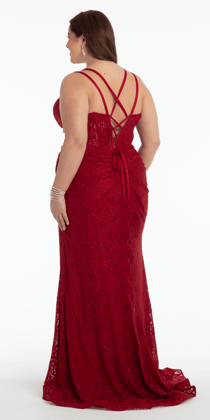 wine/size/14/plus/Camille La Vie/Sweetheart Lace Strappy Back Column Dress with Heat Set Stones /back