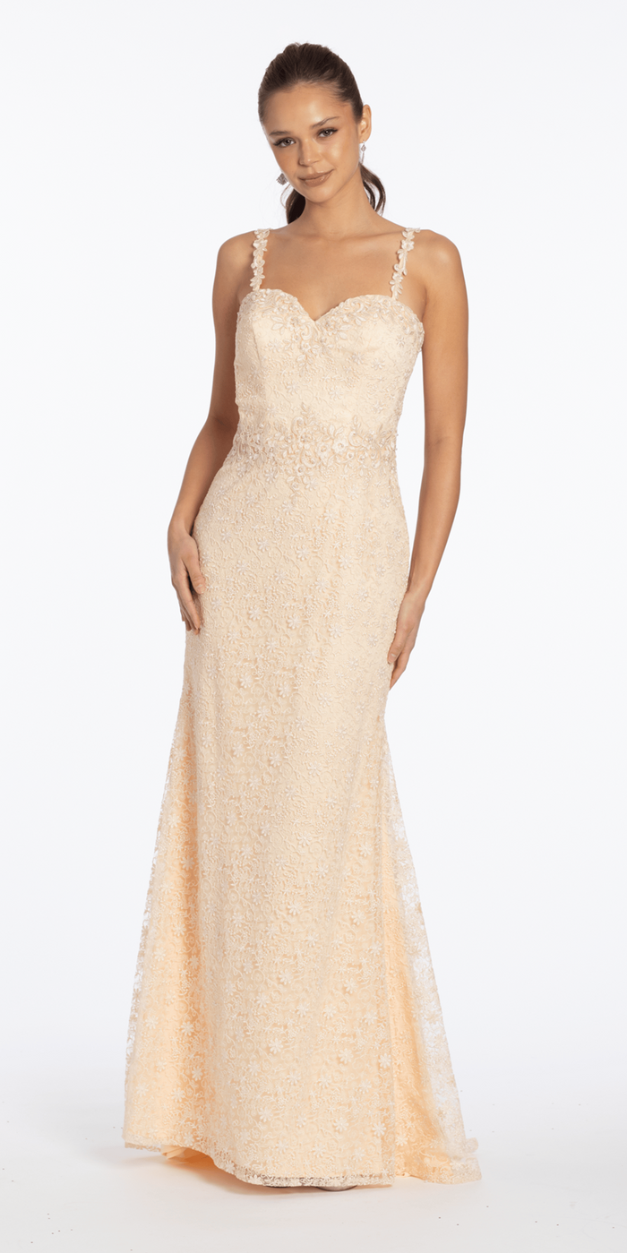 almond/size/4/missy/Camille La Vie/Sweetheart Lace Trumpet Dress with Pearl Detail/front