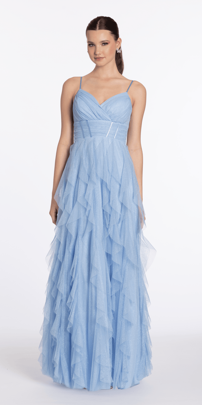 periwinkle/size/4/ missy/Camille La Vie/Sweetheart Mesh Pleated Column Dress with Ruffles/front