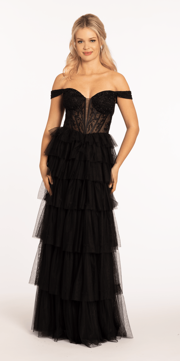 black/size/4/missy/Camille La Vie/Sweetheart Off the Shoulder Tiered Mesh Ballgown/alt