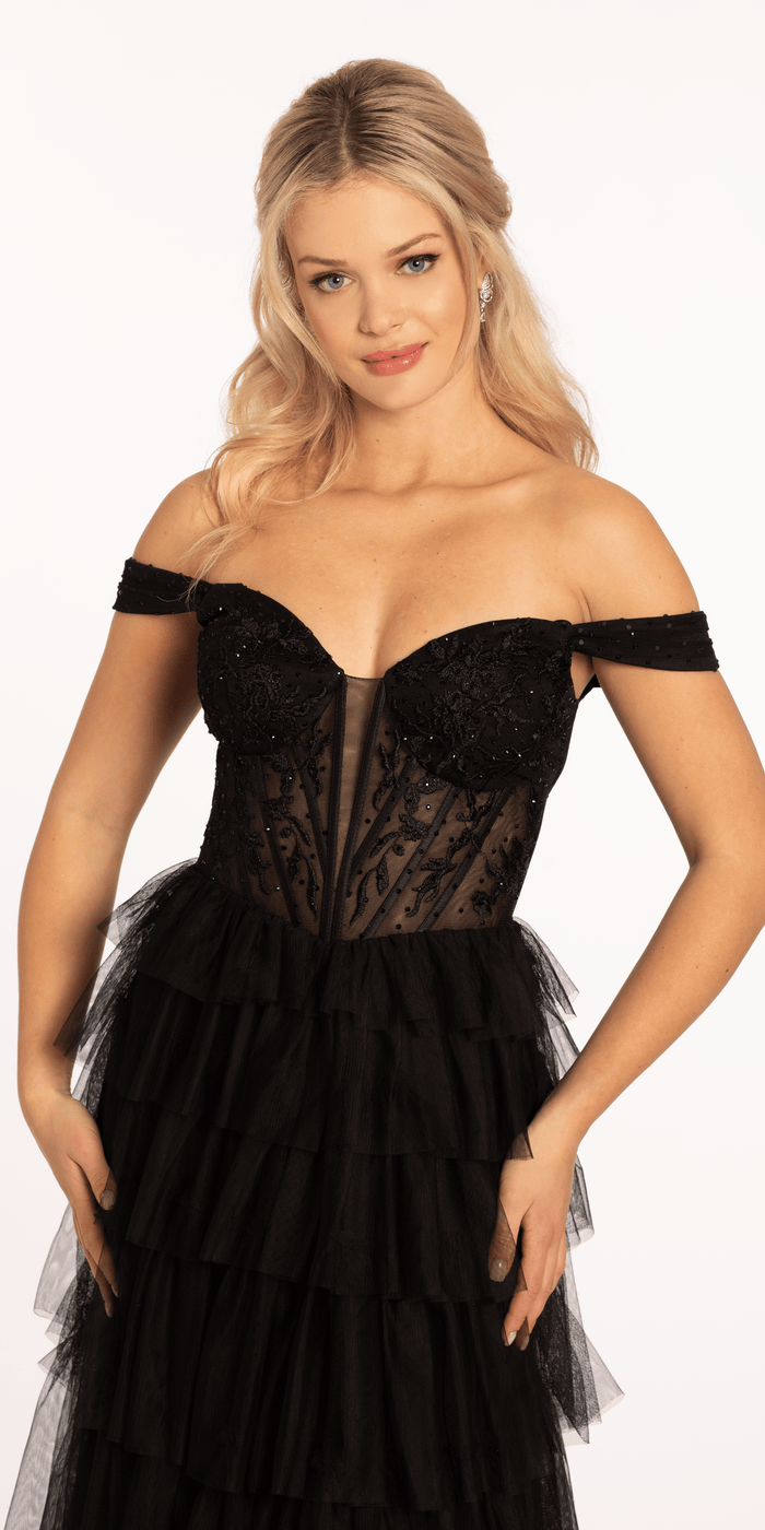 black/size/4/missy/Camille La Vie/Sweetheart Off the Shoulder Tiered Mesh Ballgown/close up