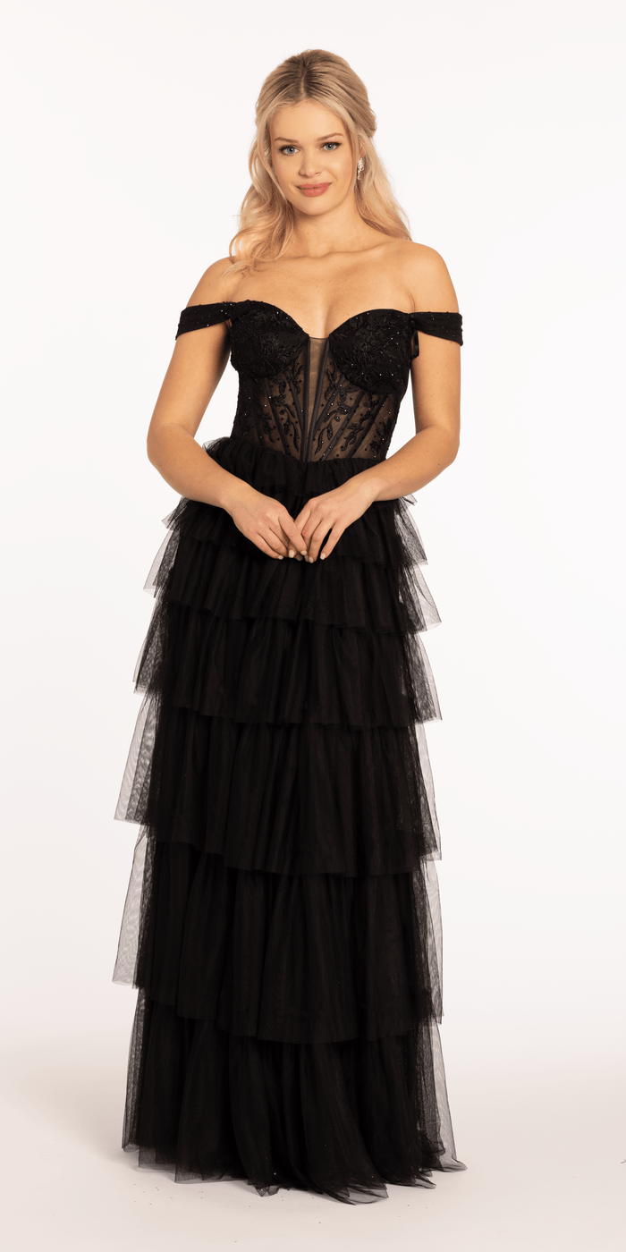 black/size/4/missy/Camille La Vie/Sweetheart Off the Shoulder Tiered Mesh Ballgown/front