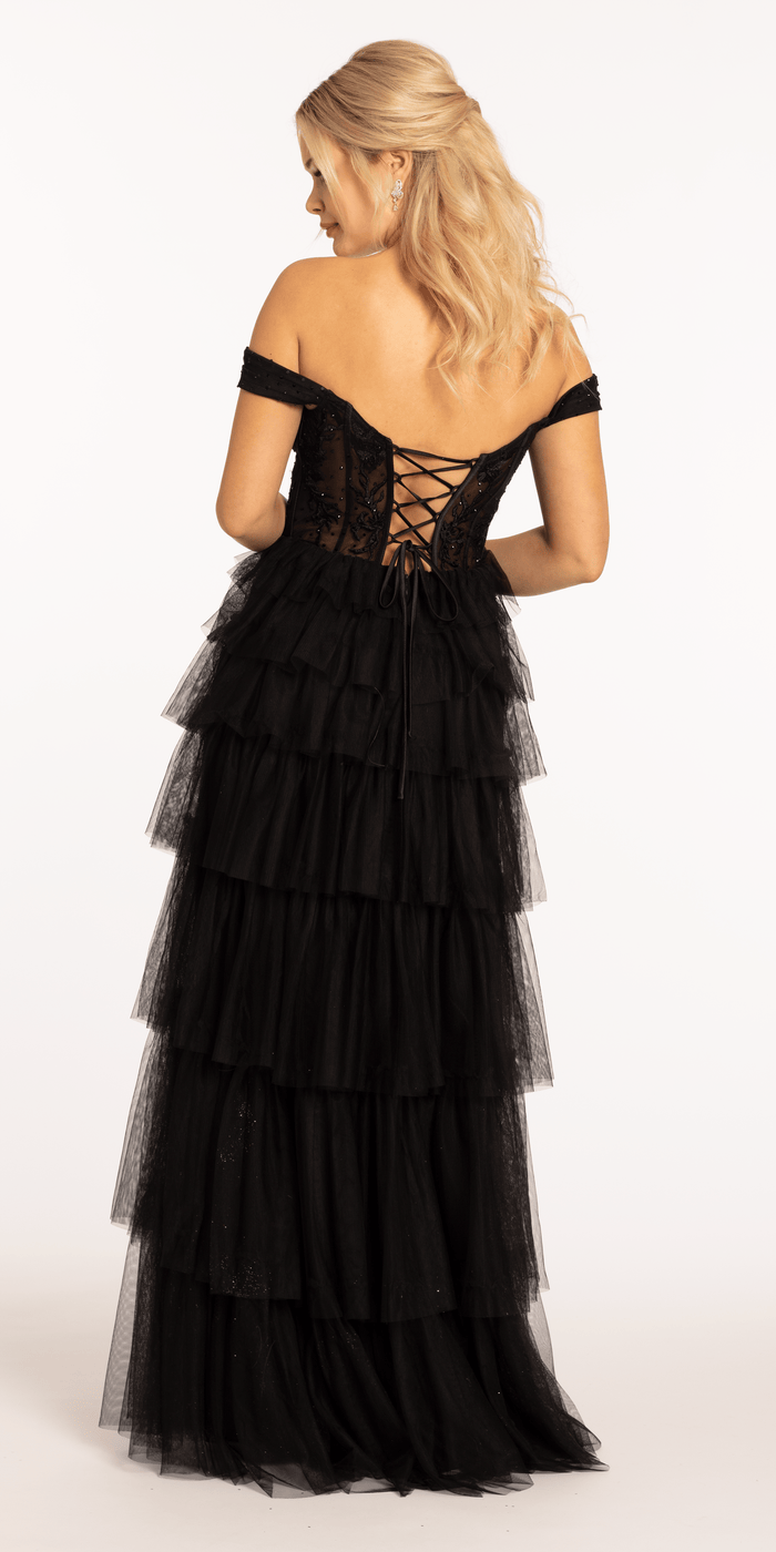 black/size/4/missy/Camille La Vie/Sweetheart Off the Shoulder Tiered Mesh Ballgown/back