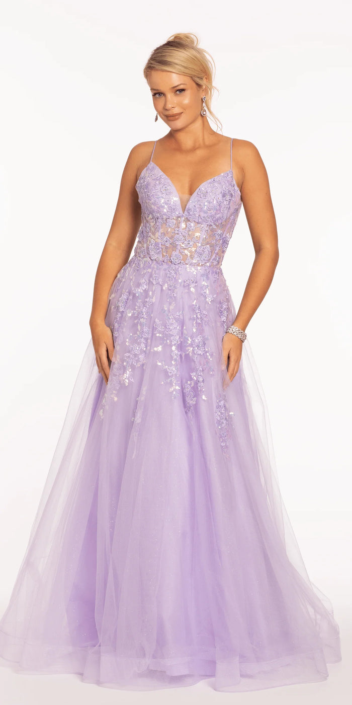 lilac/size/4/missy/Camille La Vie/Sweetheart Plunging Mesh Corset Ballgown with Embellished Appliques /front