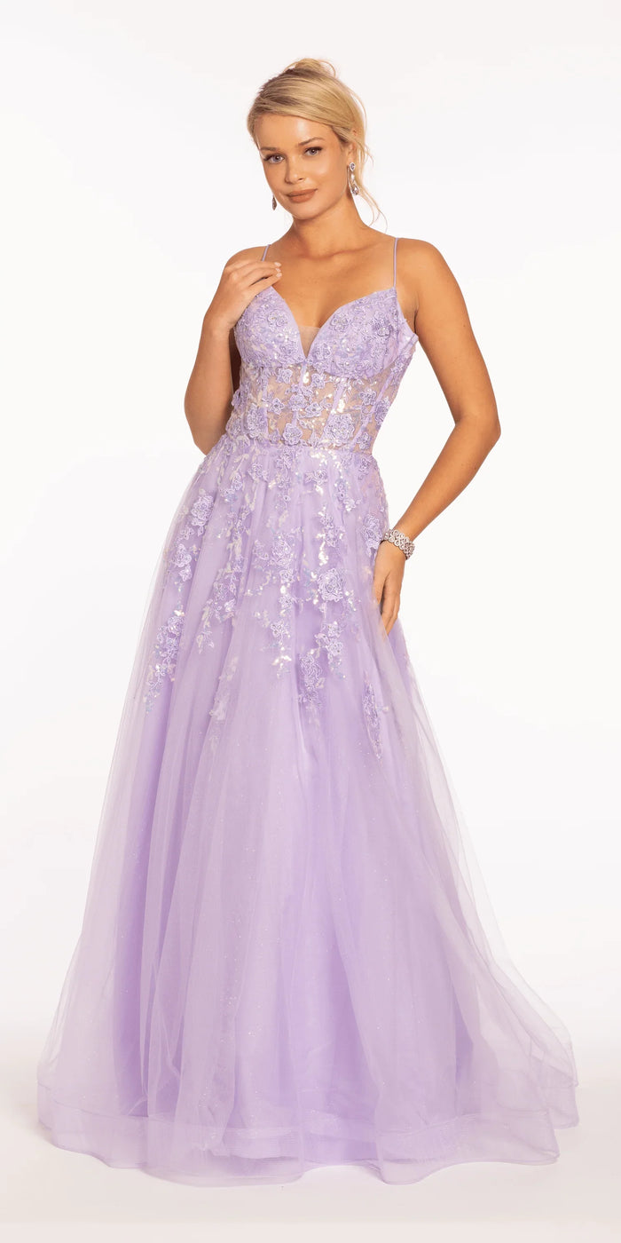 lilac/size/4/missy/Camille La Vie/Sweetheart Plunging Mesh Corset Ballgown with Embellished Appliques /front alt 2