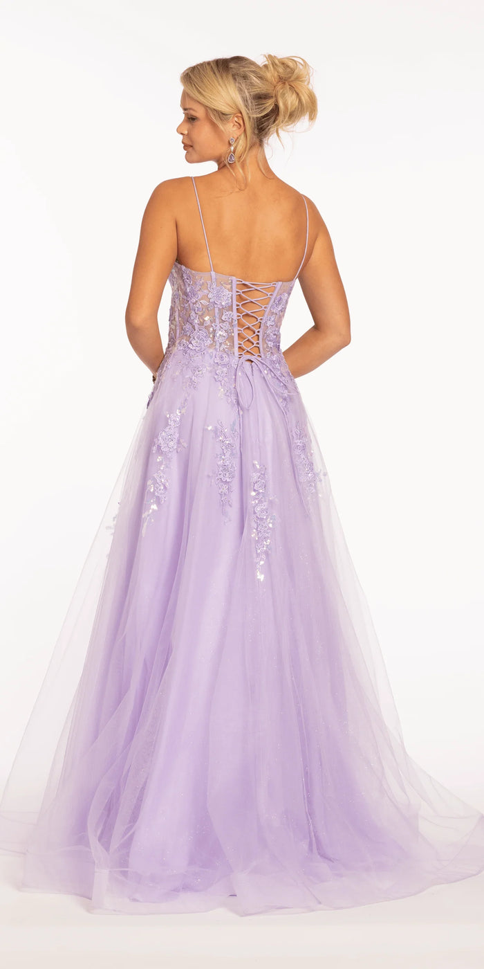lilac/size/4/missy/Camille La Vie/Sweetheart Plunging Mesh Corset Ballgown with Embellished Appliques /back