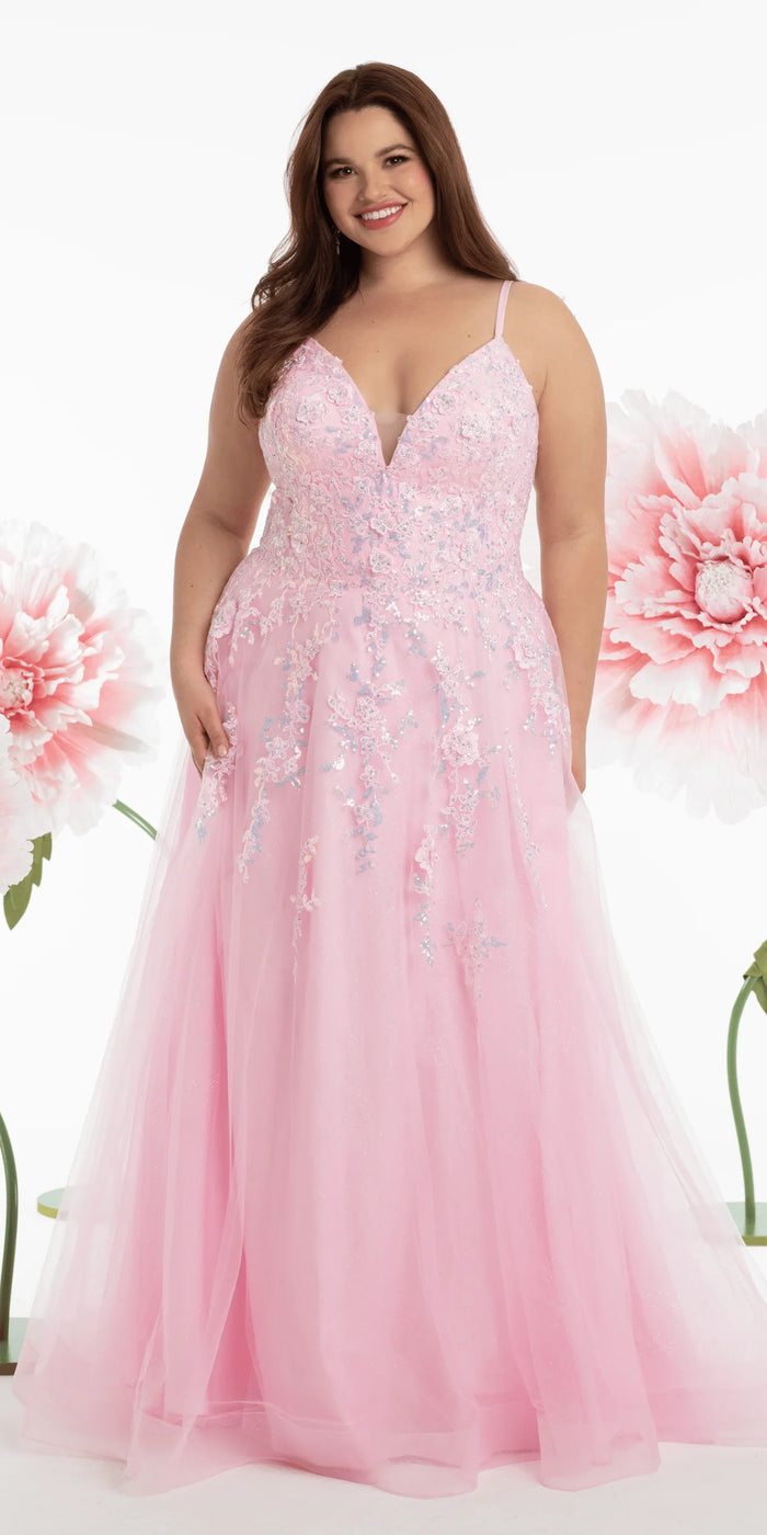 pink/size/14/plus/Camille La Vie/Sweetheart Plunging Mesh Corset Ballgown with Embellished Appliques /front