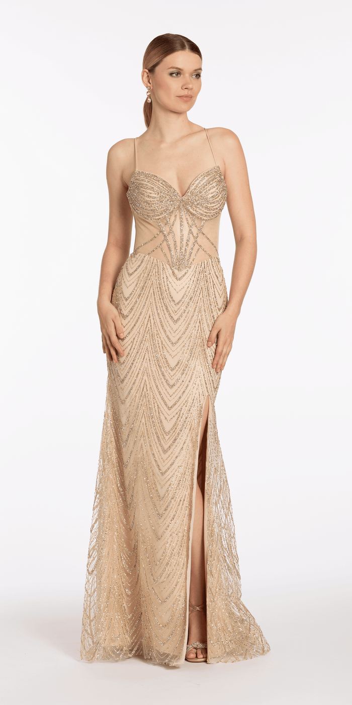 Sweetheart Rhinestone Glitter Mesh Corset Column Dress - Camille La Vie